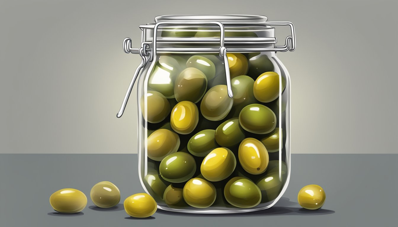 An open jar of stuffed olives, with visible signs of spoilage such as mold or discoloration