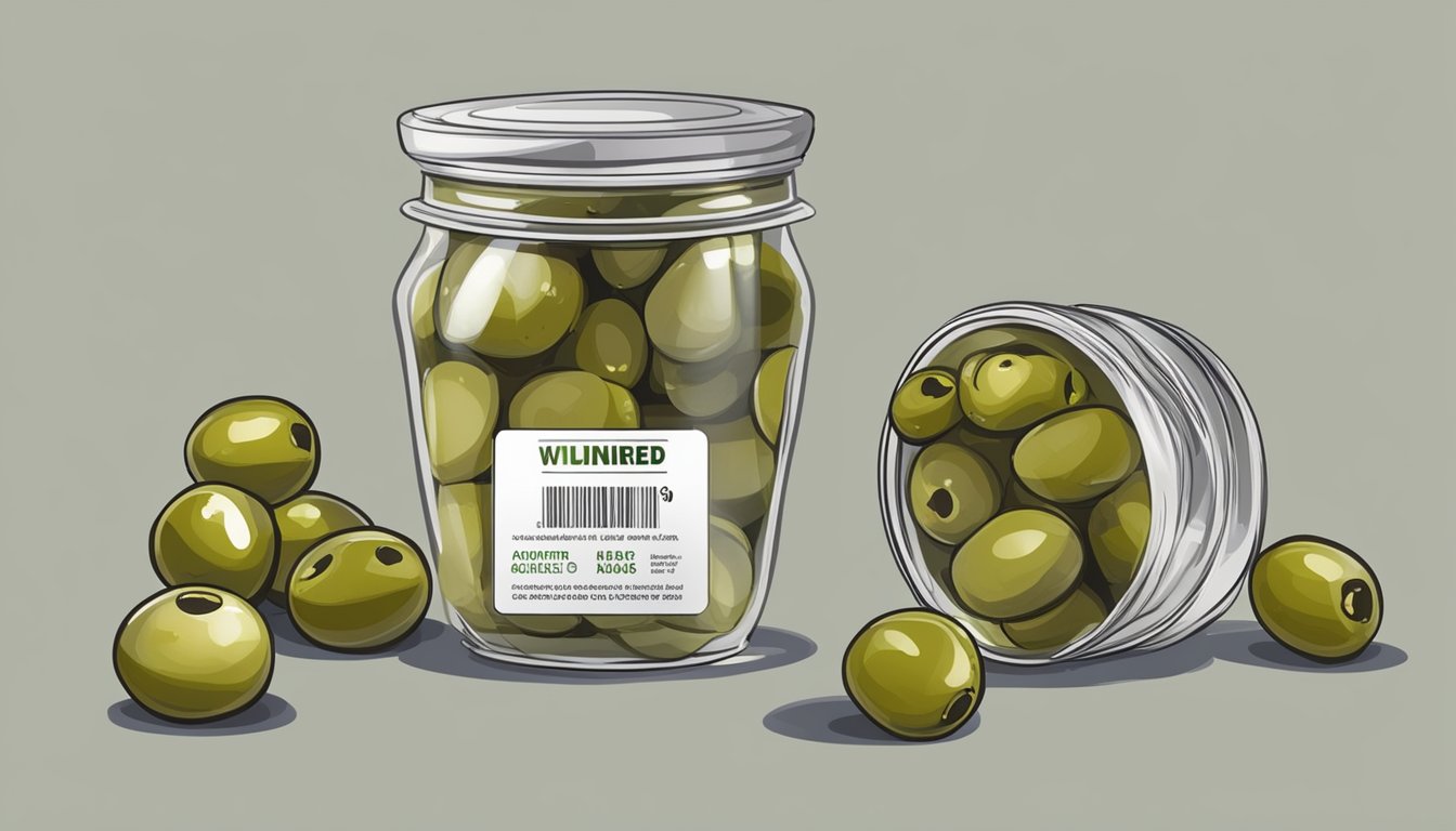 A jar of expired stuffed olives with visible mold and discoloration, sitting next to a warning label