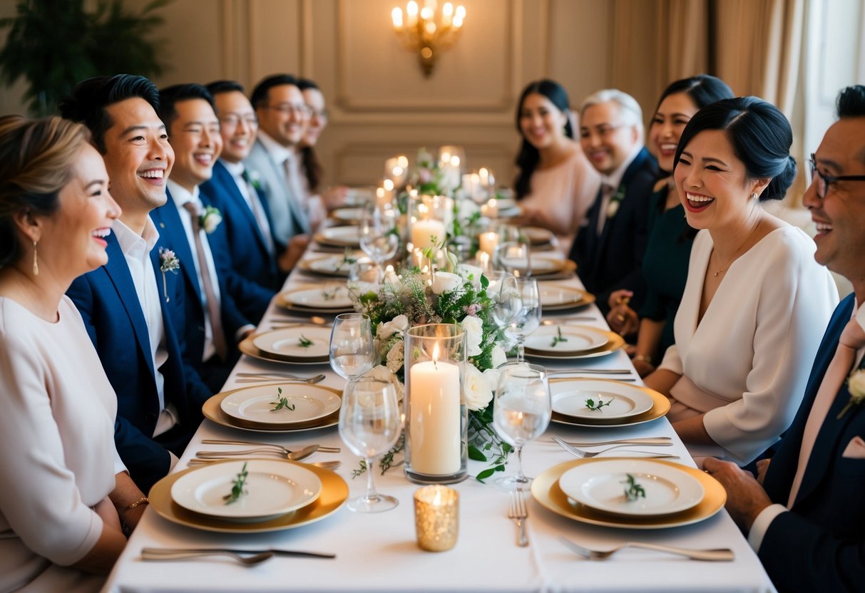 A table set with elegant dinnerware and candles, surrounded by family and friends. Laughter and conversation fill the air as everyone enjoys a pre-wedding celebration