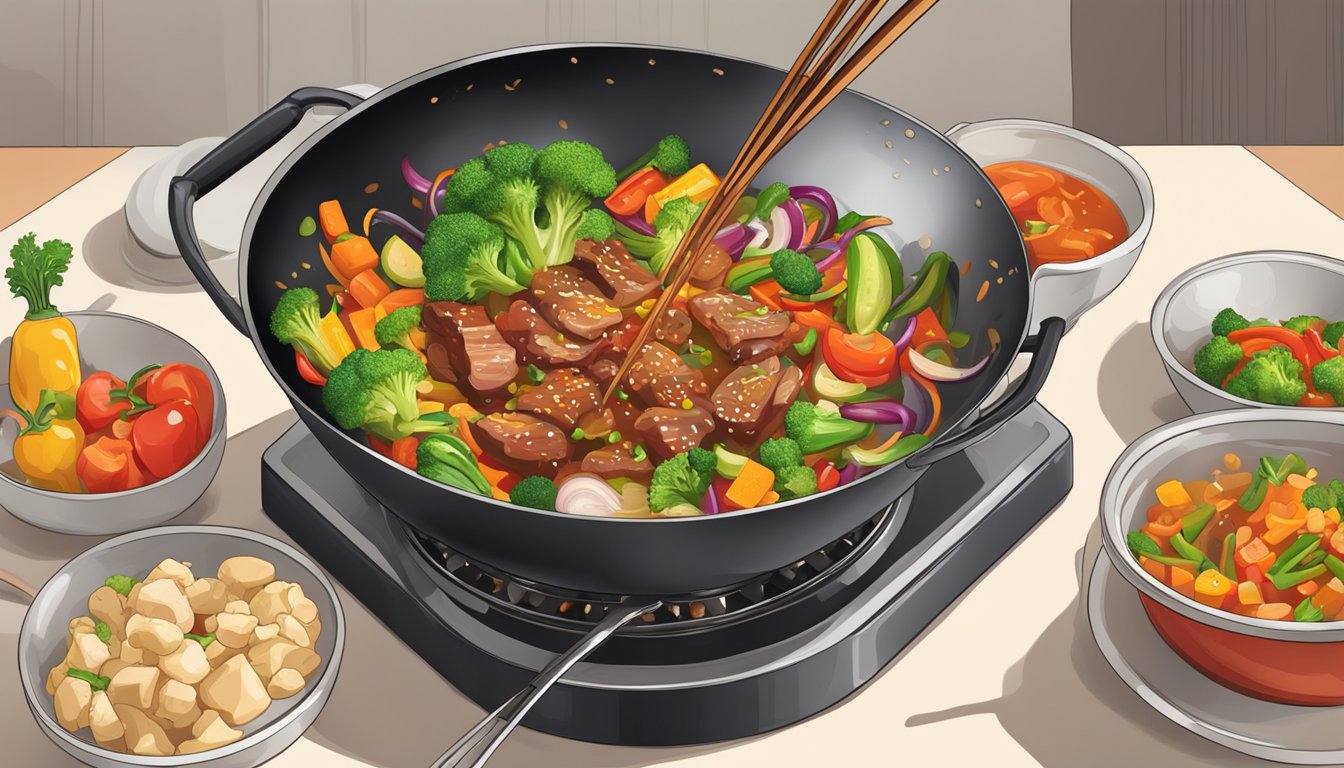 A wok sizzling with colorful vegetables and meat being stir-fried with expired sauce being poured from a bottle