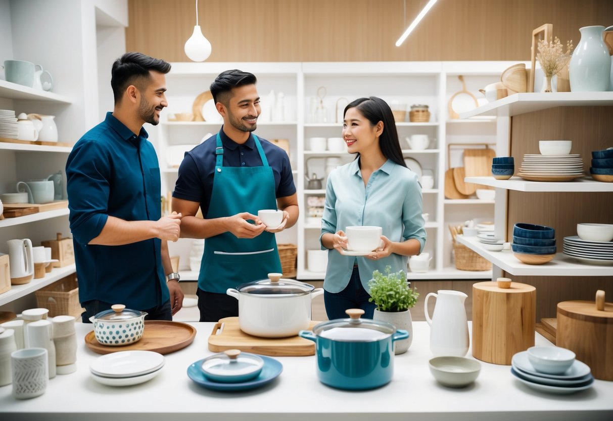 A table with various household items such as kitchenware, linens, and decor displayed neatly. A couple discusses their choices with a store employee