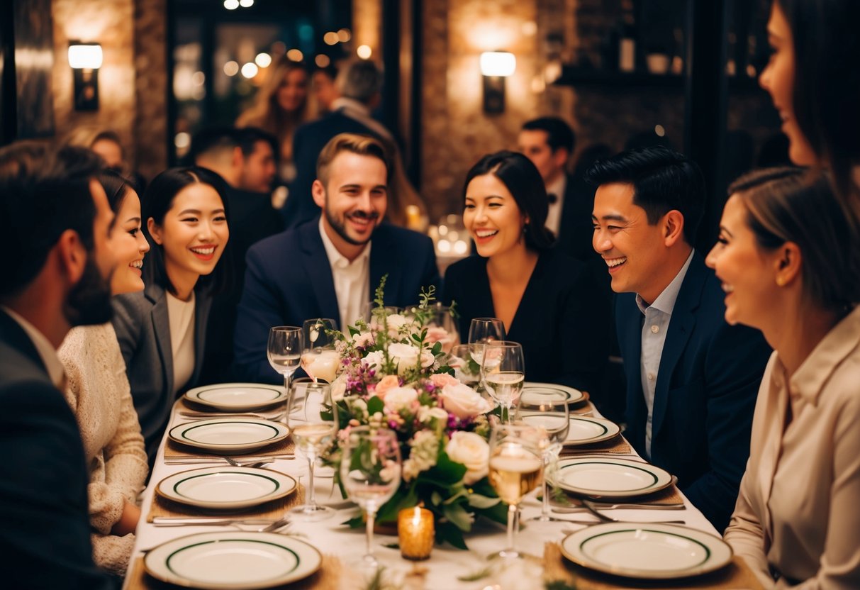 A table set with elegant dinnerware and floral centerpieces, surrounded by smiling guests chatting and laughing in a cozy, dimly lit restaurant