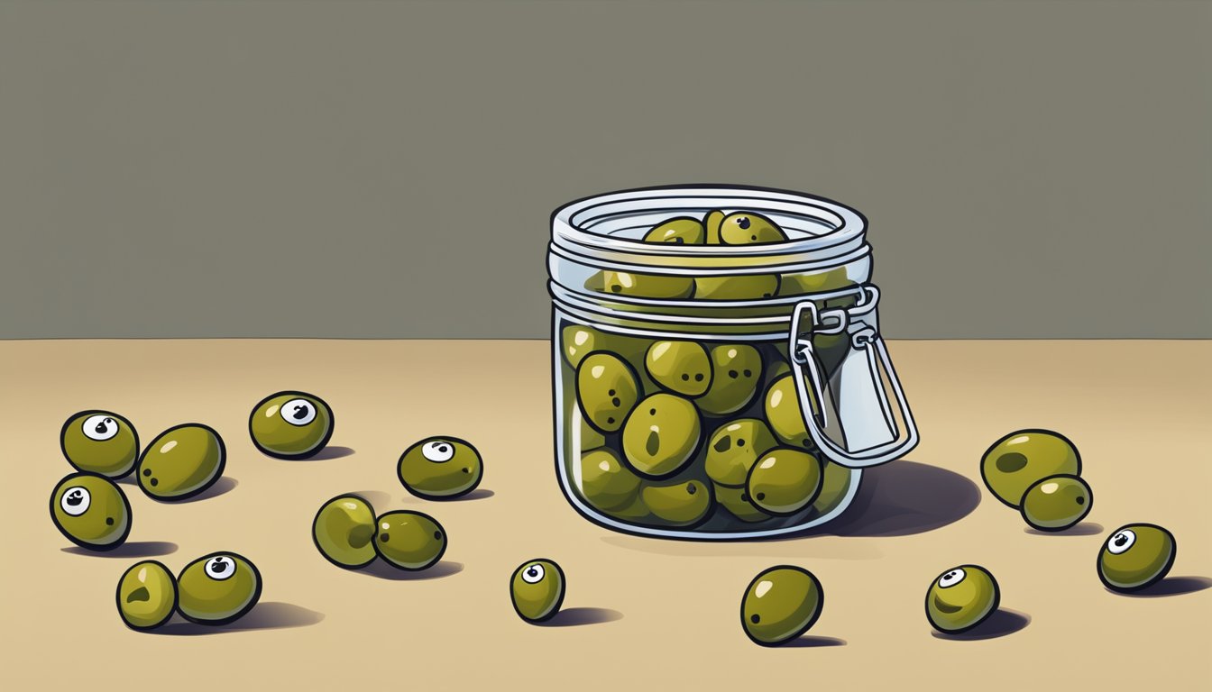 A jar of stuffed olives with a visible expiration date, surrounded by question marks and a worried expression