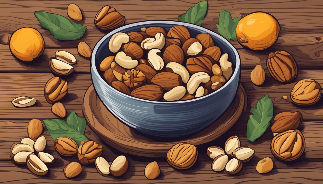 A bowl of mixed nuts sits on a wooden table, surrounded by a variety of fresh and dried fruits. The nuts are arranged in a visually appealing manner, with some spilling out onto the table