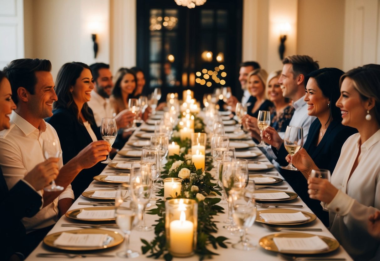 A long dining table set with elegant place settings and flickering candlelight, surrounded by happy chatter and clinking glasses