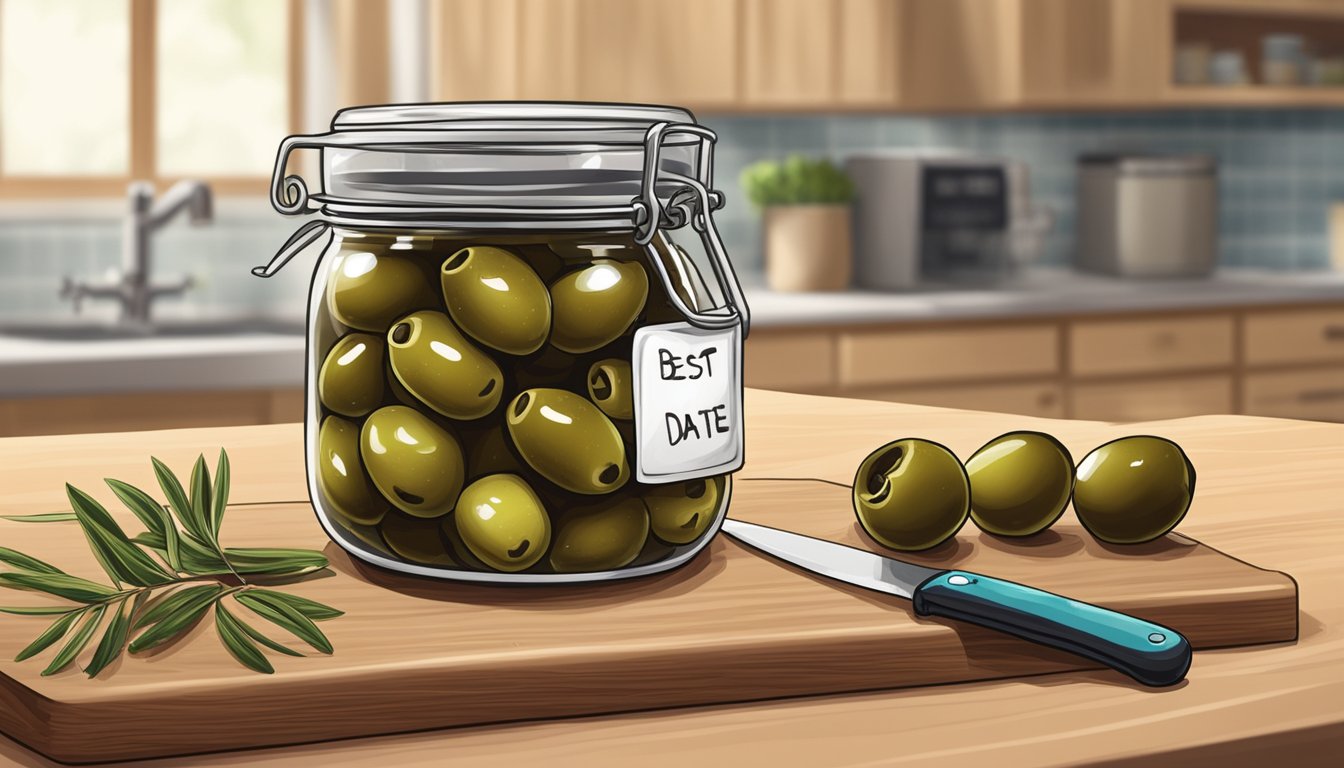 A jar of expired stuffed olives with a "best by" date passed, sitting on a kitchen counter next to a cutting board and knife