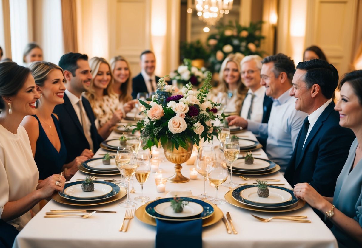 A table set with elegant dinnerware and floral centerpieces, surrounded by friends and family. A warm, intimate atmosphere with a sense of anticipation and celebration