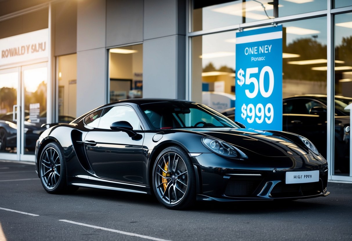 A luxury sports car parked outside a store, with a large price tag displayed in the window