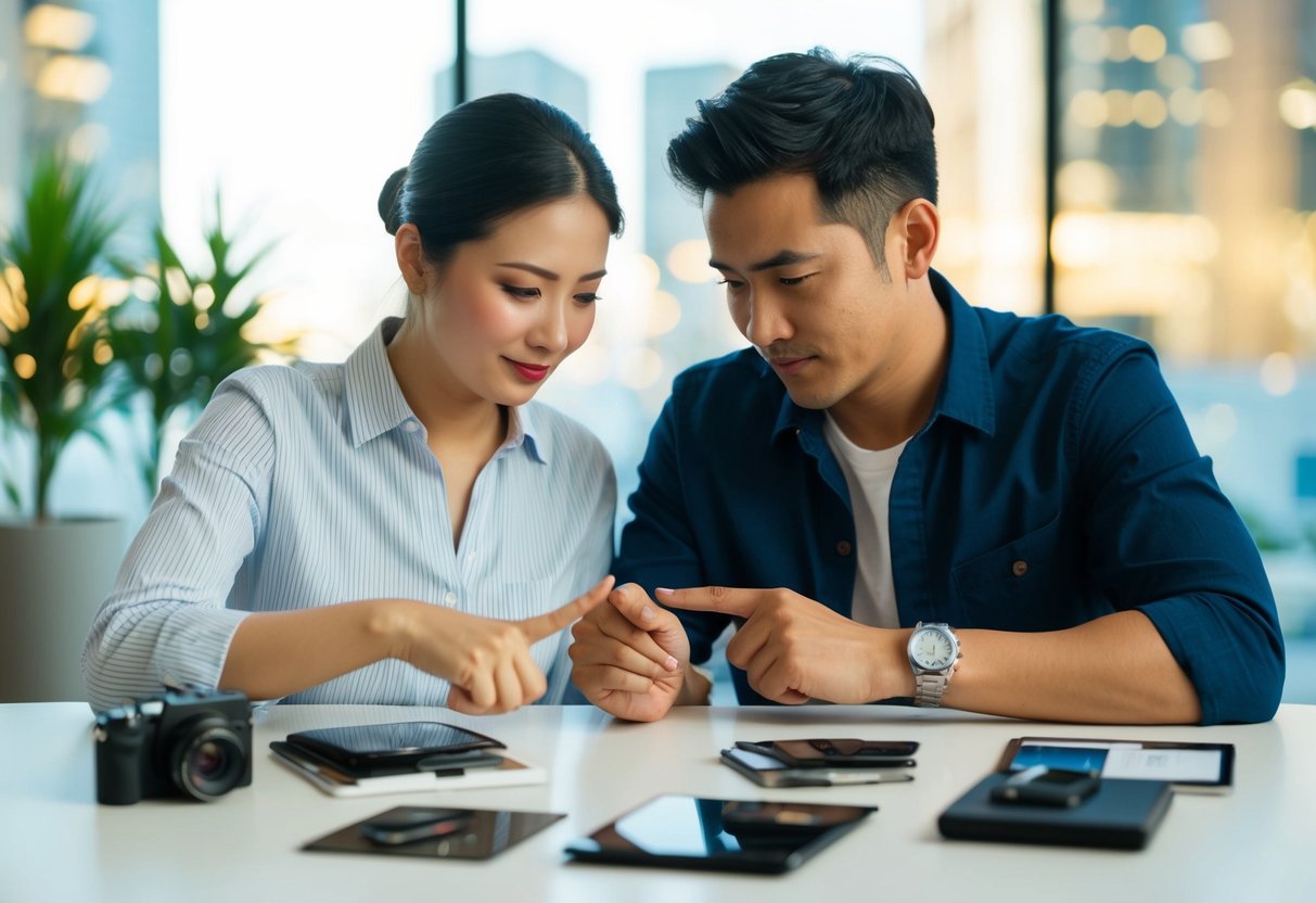 A couple deliberates over items, crossing off expensive options