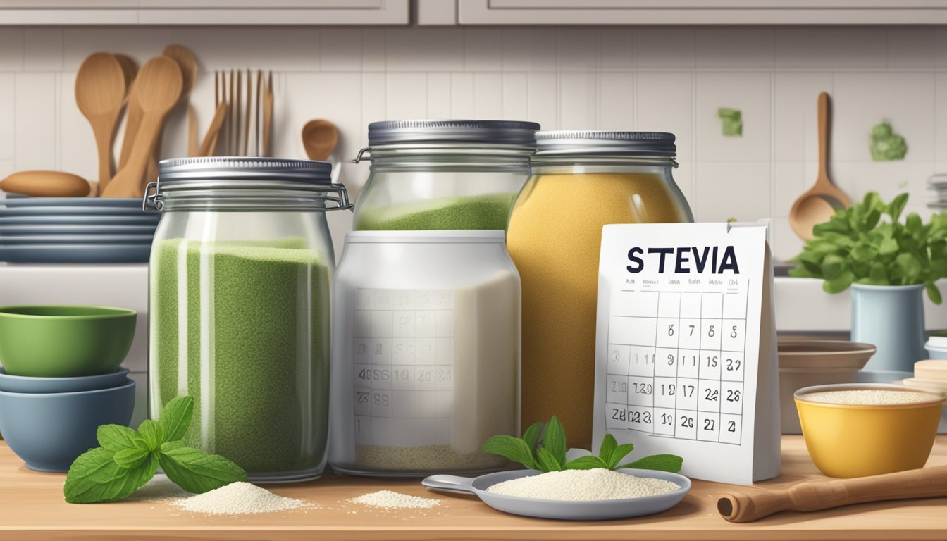 A jar of expired stevia sitting on a kitchen counter, surrounded by various baking ingredients and a calendar showing the date of expiration