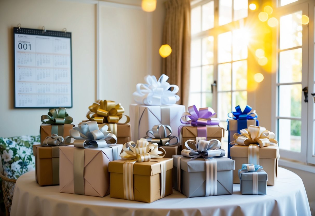 A table filled with gifts, wrapped in elegant paper and adorned with ribbons, sits in a sunlit room. A calendar on the wall shows the current date