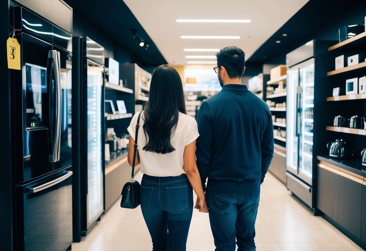 A couple standing in a store, looking at expensive items like high-end electronics and luxury kitchen appliances, with price tags visible