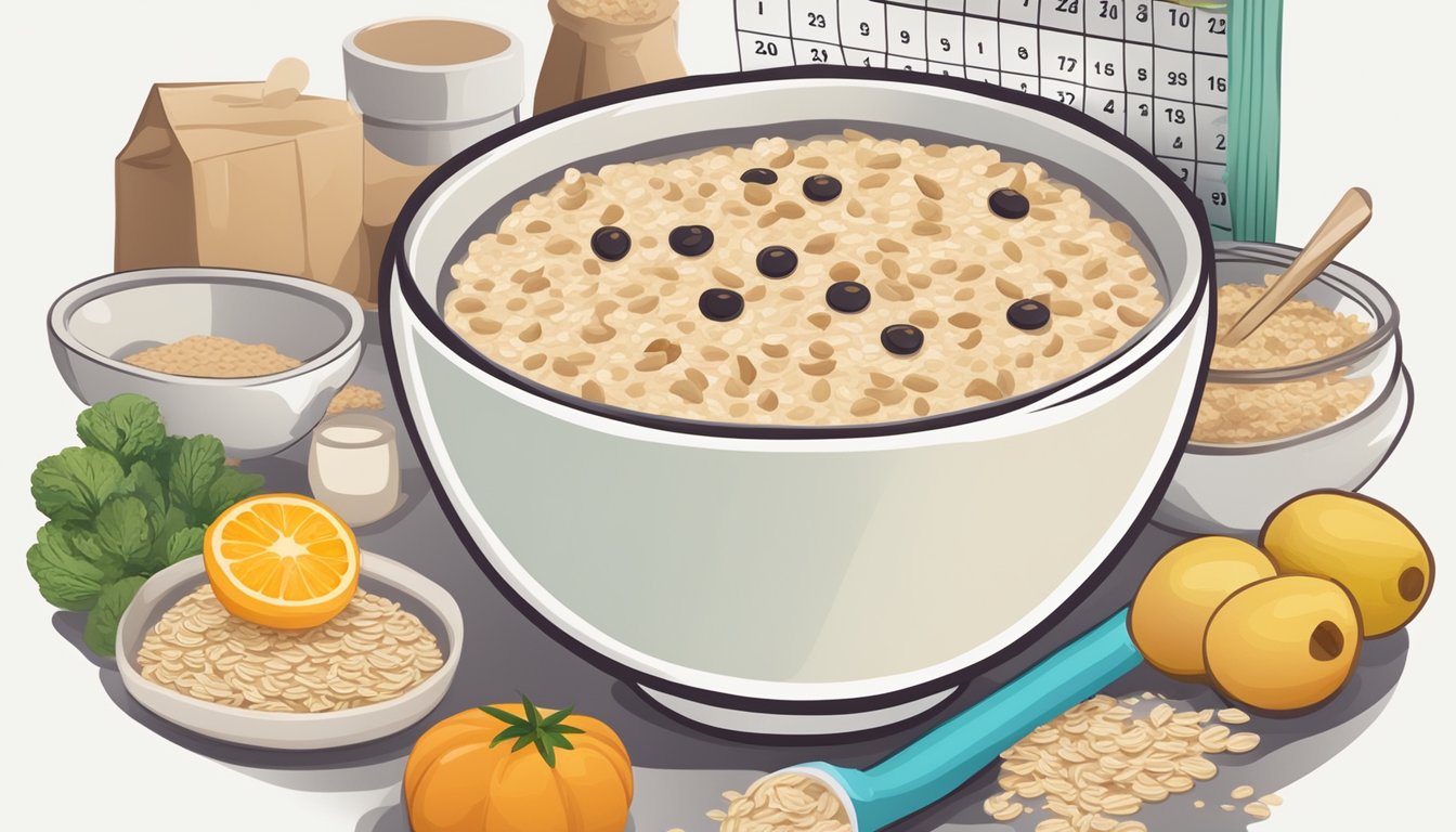 A bowl of oatmeal with a calendar showing the expiration date, surrounded by various food safety symbols and indicators