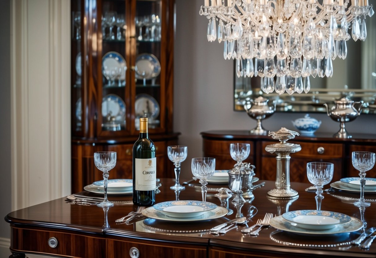 A luxurious crystal chandelier hangs above a dining table adorned with fine china and silverware. A bottle of vintage wine sits on a polished mahogany sideboard