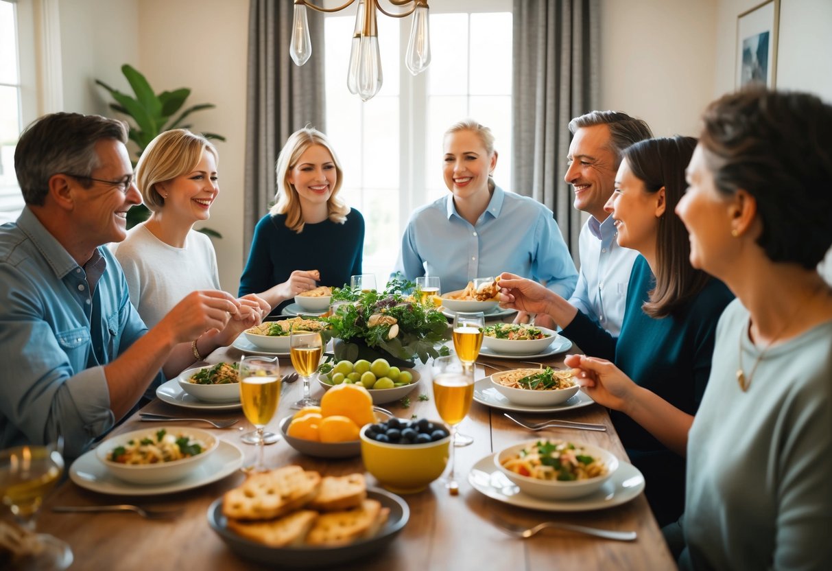 A family gathers around a table, sharing a meal and conversation. The atmosphere is warm and relaxed, with the focus on the joyous occasion