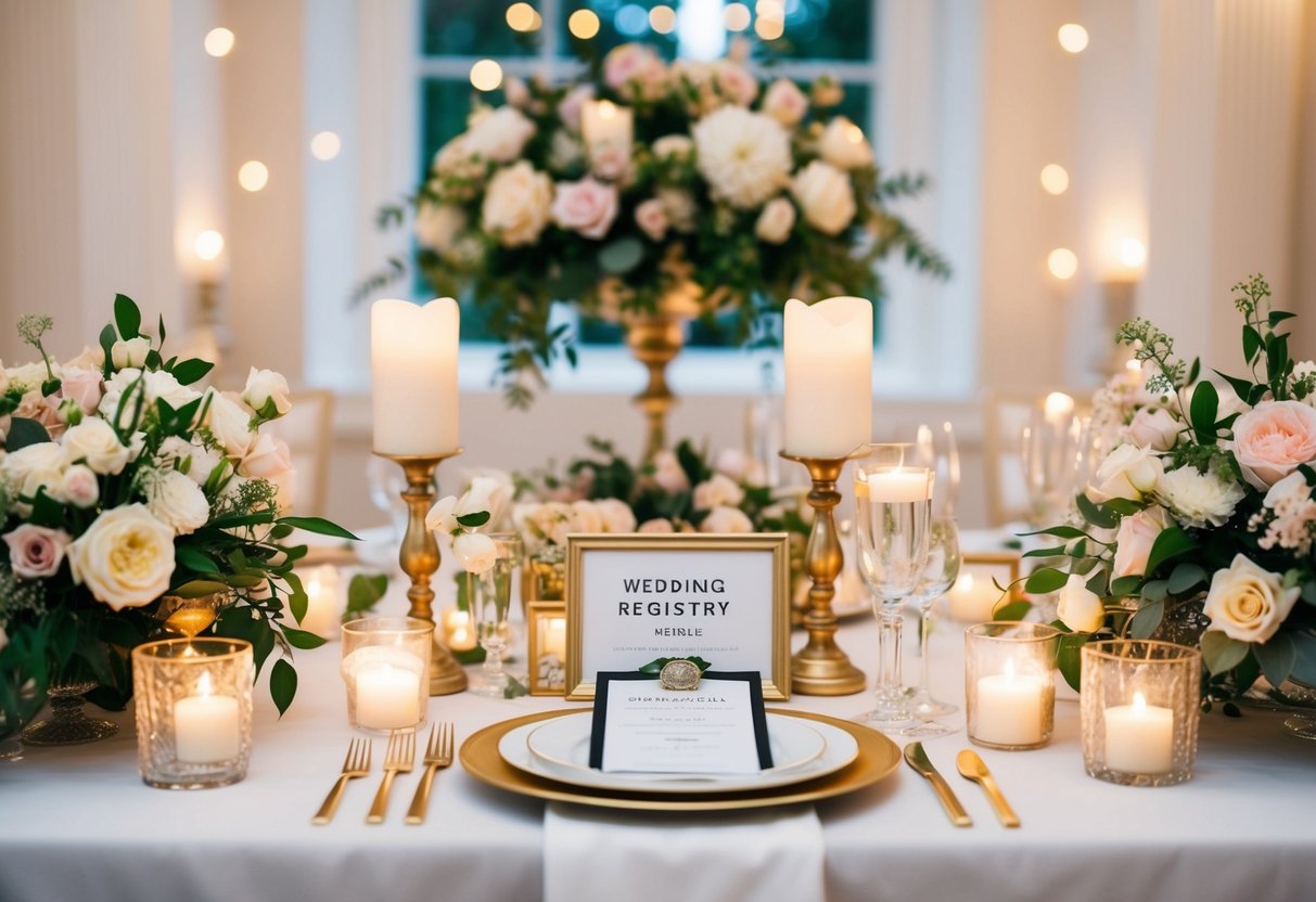 A beautifully decorated table with wedding registry items, surrounded by elegant floral arrangements and soft candlelight
