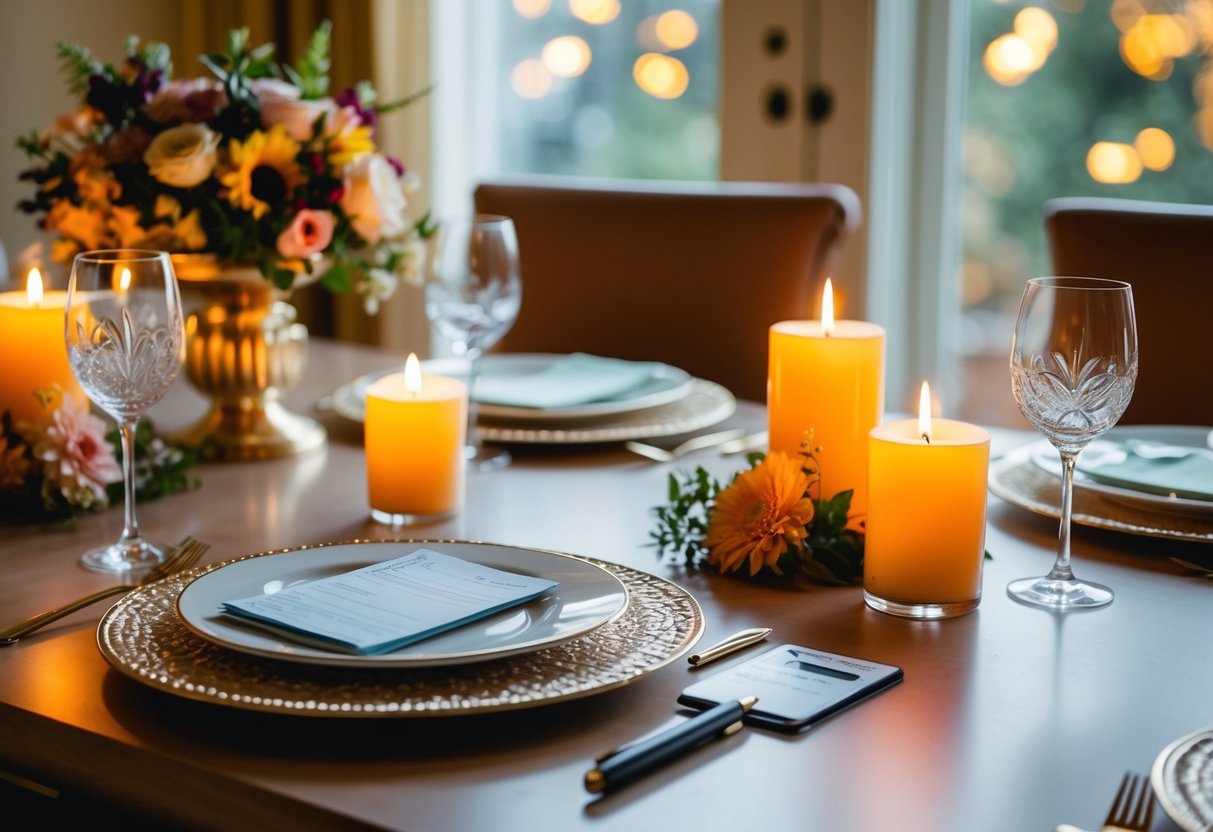 A family table set with elegant dinnerware, surrounded by warm candlelight and floral centerpieces. A checkbook and pen sit nearby