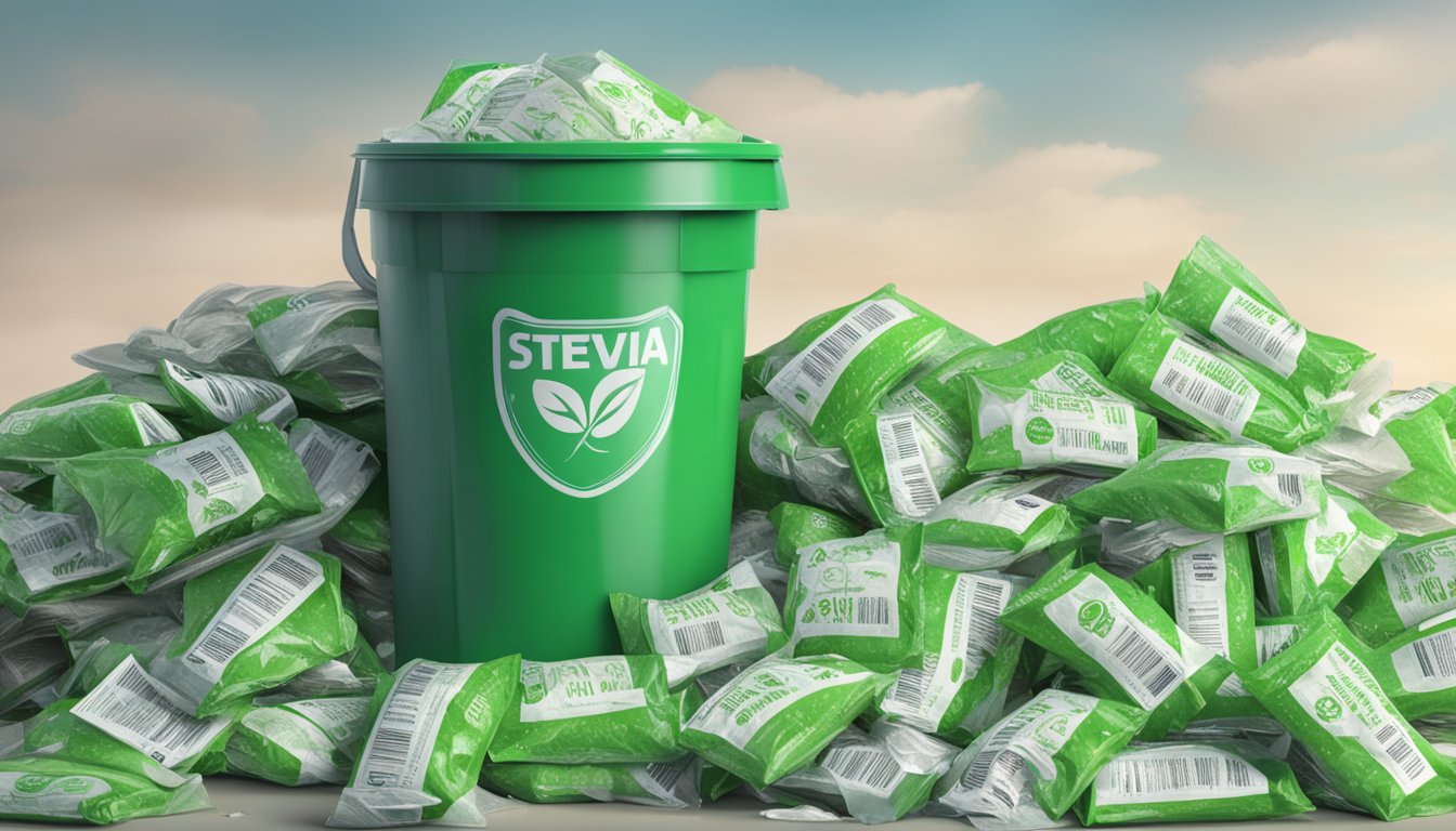 A pile of expired stevia packets next to a warning sign and a trash can