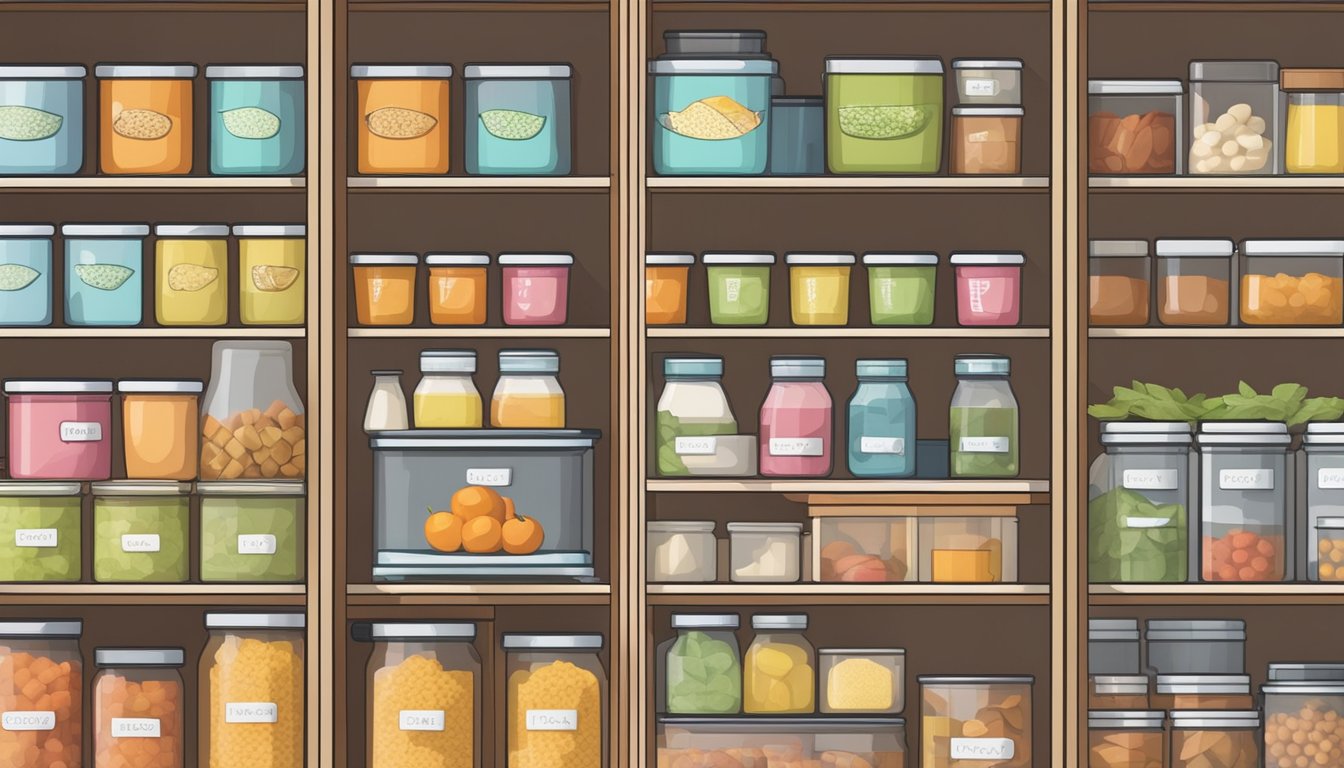 A kitchen pantry with neatly organized shelves of stock cubes, one of which is clearly labeled as expired