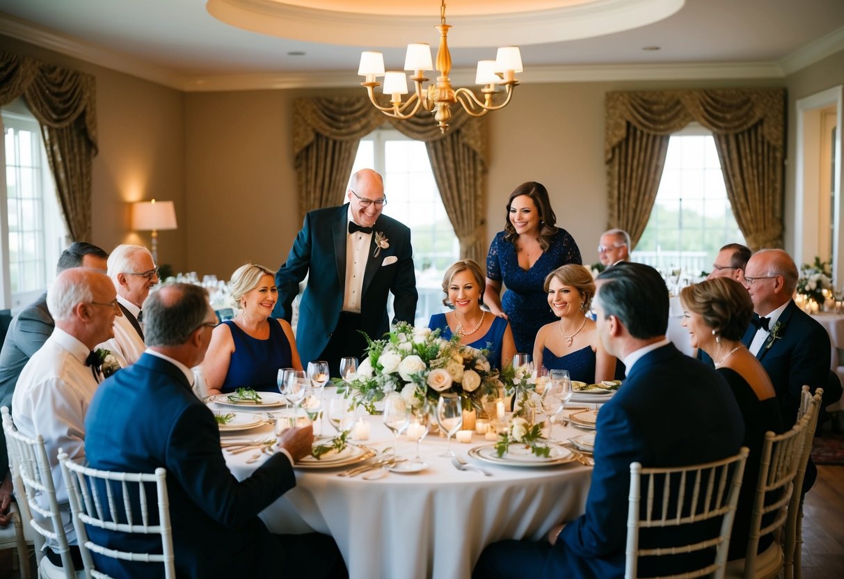 A family gathering around a table, with the host standing at the head, as they prepare to enjoy a traditional rehearsal dinner