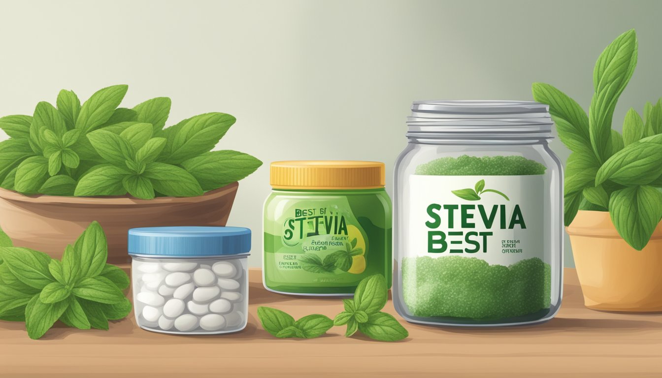 A jar of expired stevia with a "best by" date passed, next to fresh stevia