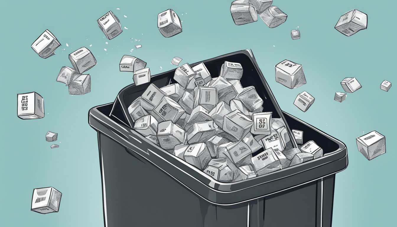 A close-up of expired stock cubes being thrown into a trash bin, with a label indicating "best before" date