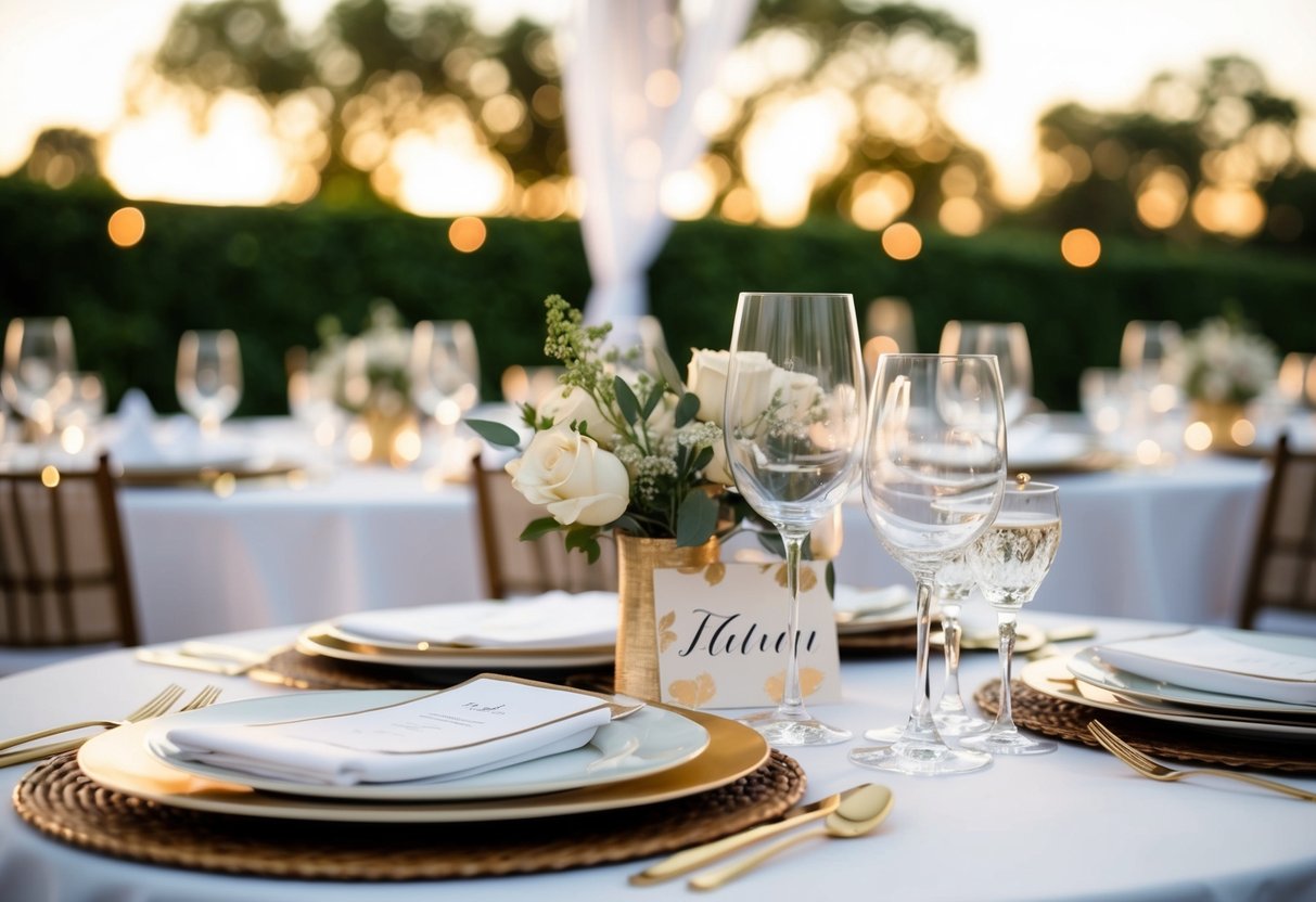 A table set with elegant dinnerware and personalized place settings for the rehearsal dinner