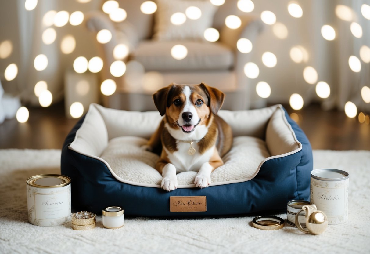 A cozy dog bed surrounded by elegant wedding registry items