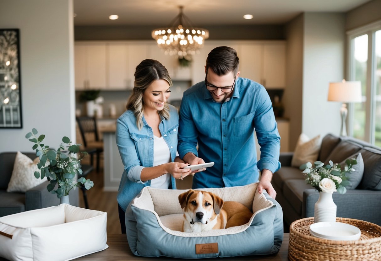 A couple browsing through a variety of household items, including a cozy dog bed, while creating their wedding registry