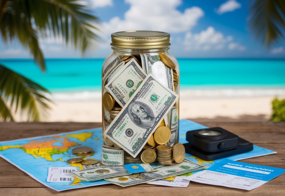 A decorative jar filled with money and travel-related items, surrounded by a map, plane tickets, and a tropical beach background