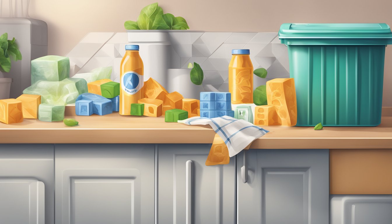 A kitchen counter with expired stock cubes next to a trash can