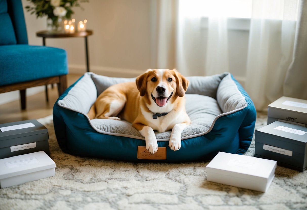 A cozy dog bed surrounded by wedding registry items, with a happy pup resting on it