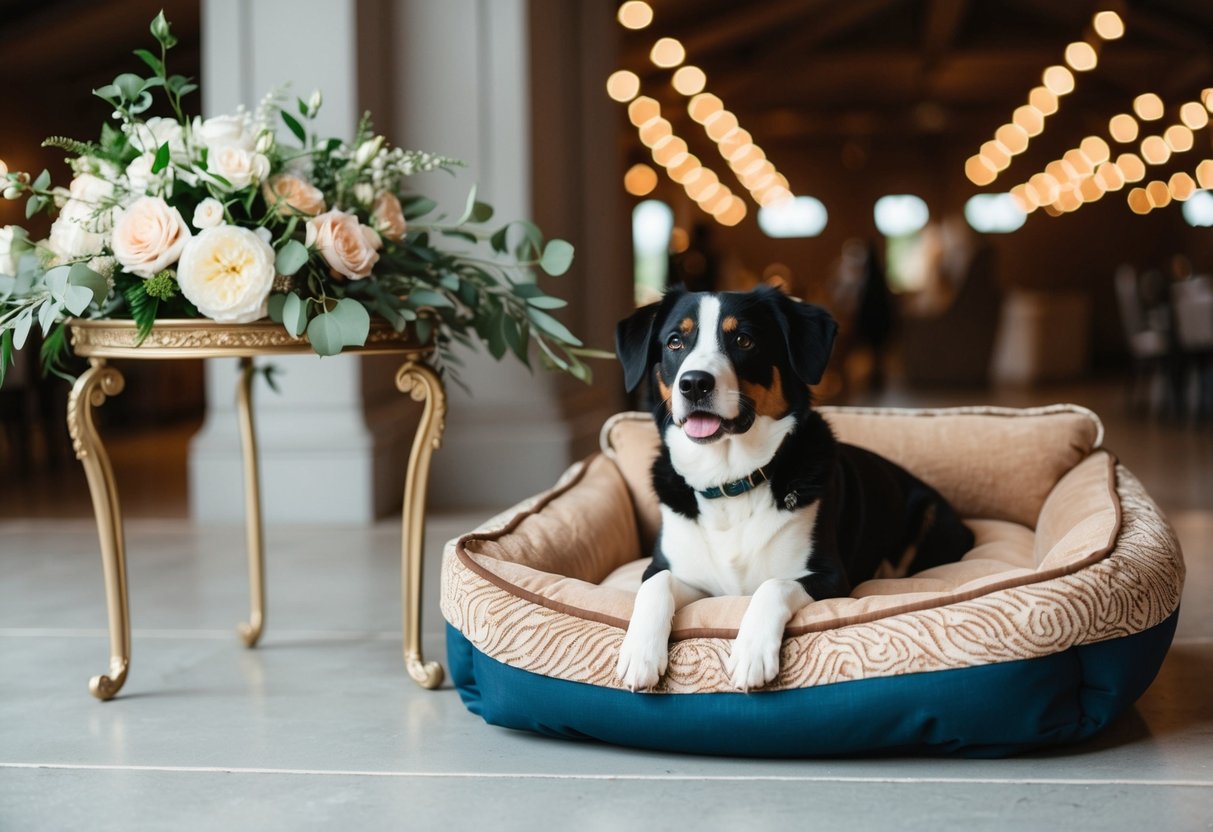 A cozy dog bed placed next to a beautifully decorated wedding registry table
