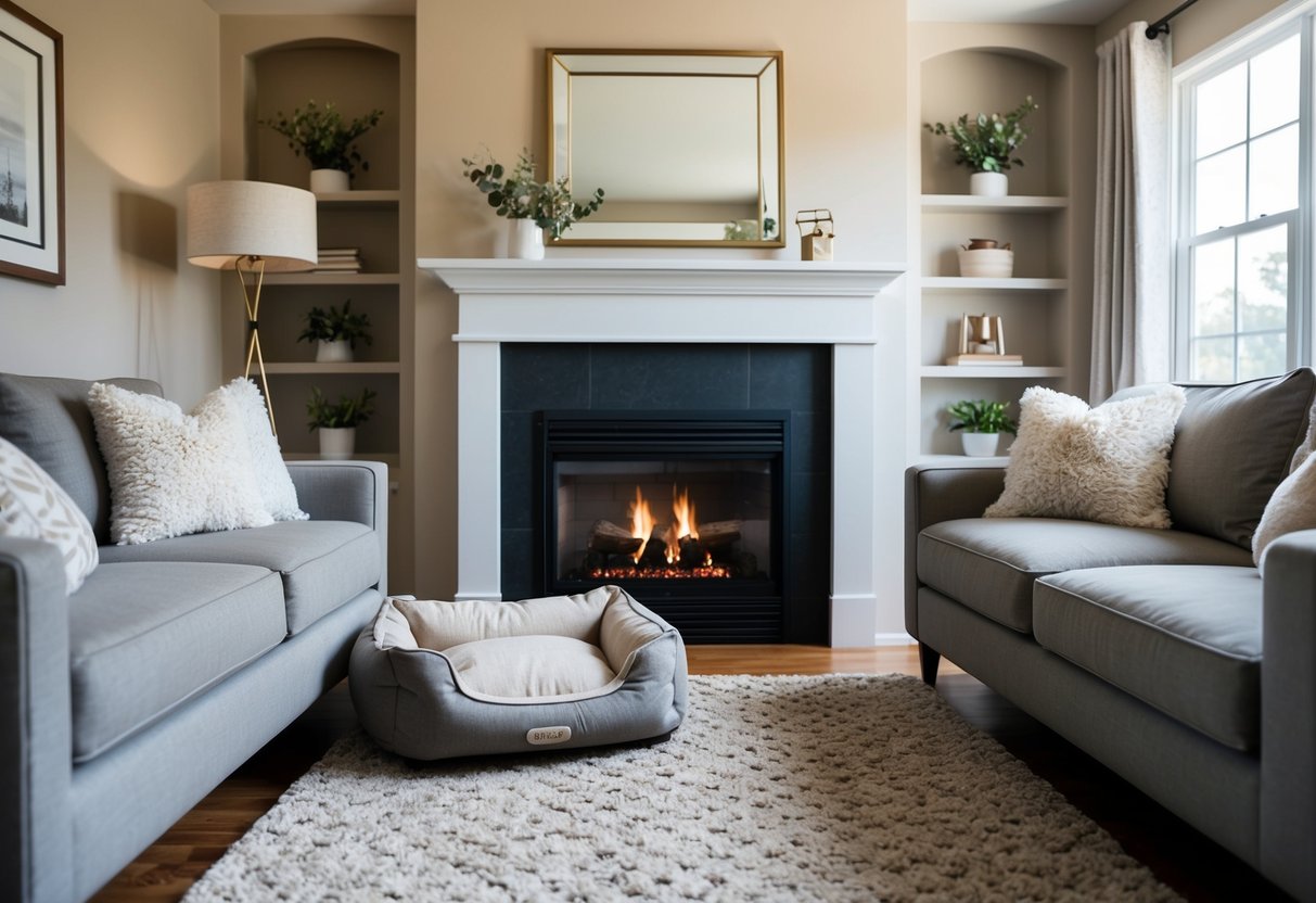 A cozy living room with a fireplace, soft lighting, and a plush dog bed nestled in the corner