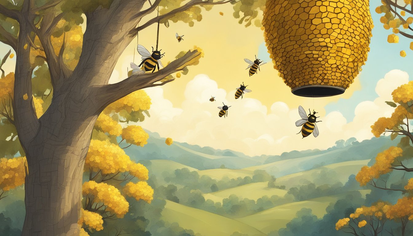 A buzzing beehive hangs from a tree branch, dripping with golden honeycomb. Bees flit in and out, while a curious fox watches from a safe distance