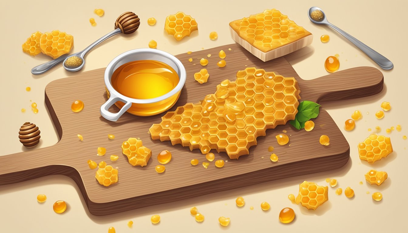 A wooden cutting board with a honeycomb, surrounded by scattered honey drops and a small spoon