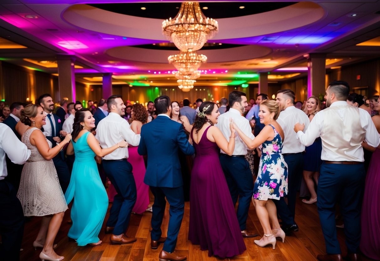 The dance floor is packed, with guests swaying to the upbeat rhythm of the last song at the wedding. The colorful lights create a festive atmosphere as everyone celebrates the happy occasion