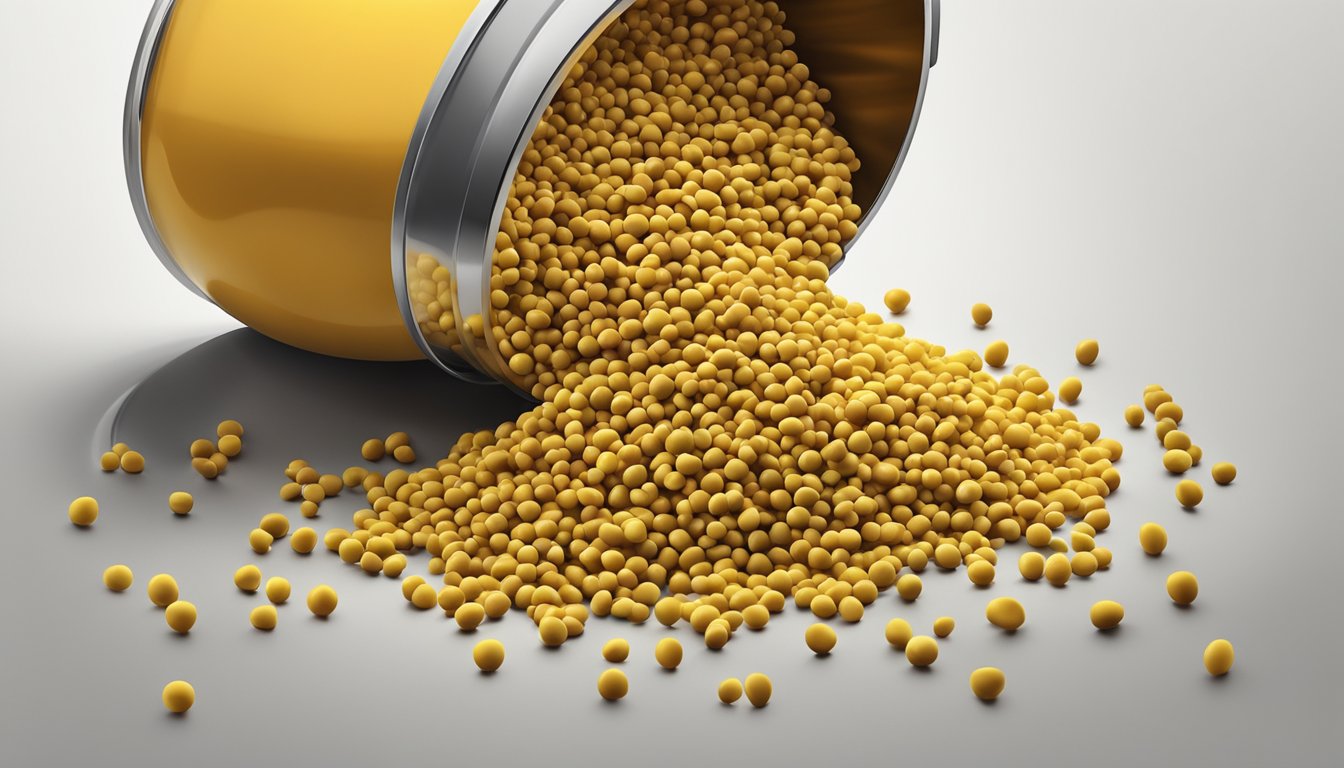 A pile of mustard seeds spilling out from a small container onto a clean, white surface