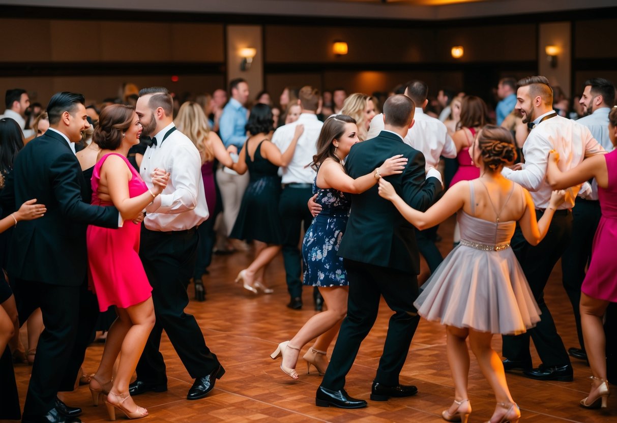 A crowded dance floor with couples swaying to a slow song, while others energetically dance to a fast beat
