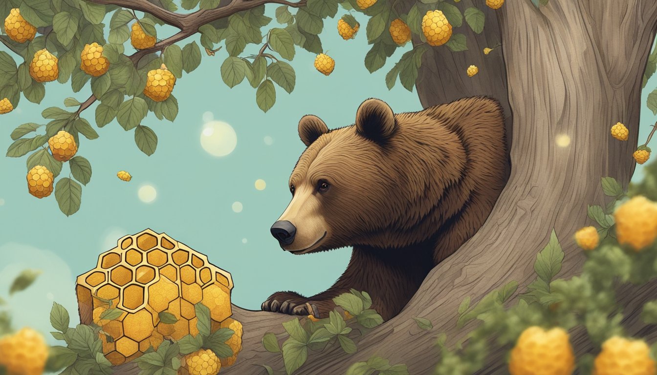 A bear cautiously approaches a honeycomb nestled in a tree, sniffing it with curiosity and uncertainty