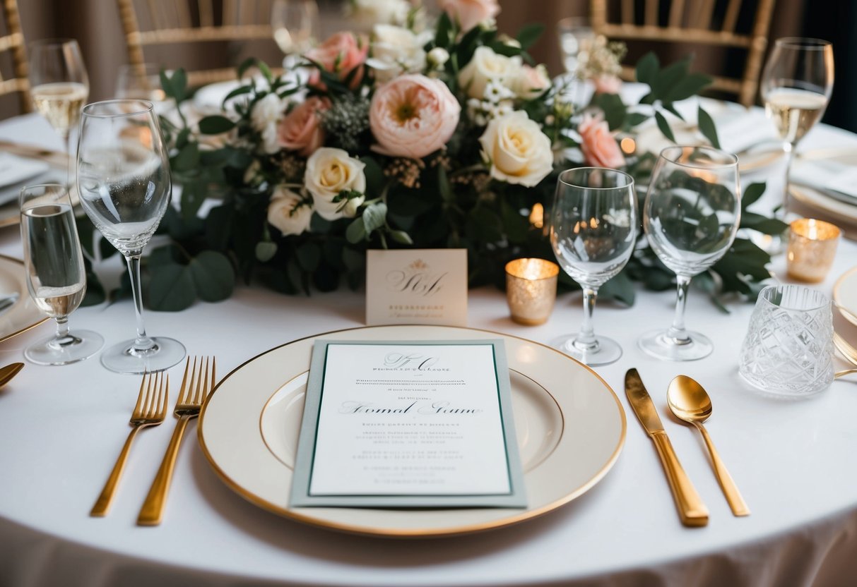A table with elegant place settings, floral centerpieces, and a formal invitation