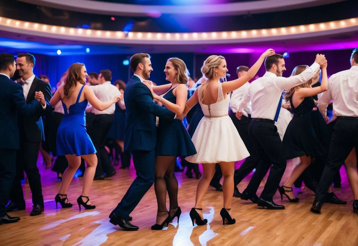 A crowded dance floor with couples swaying to a slow song, while others energetically dance to a fast tempo