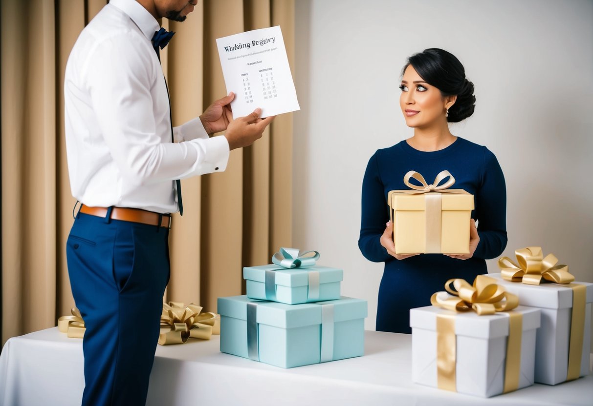 A person holding a gift box looks at a wedding registry with a puzzled expression. Nearby, a stack of unopened gifts sits on a table