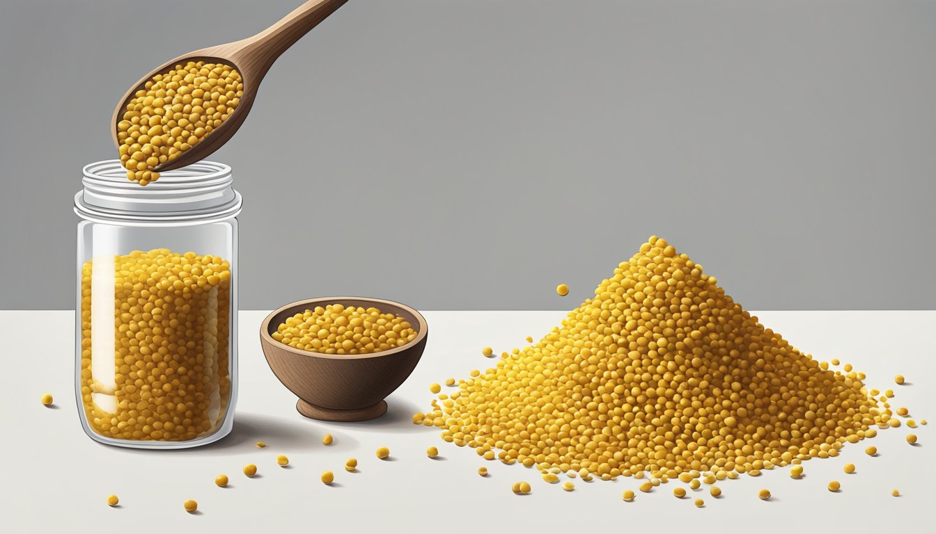 Mustard seeds scattered on a clean, white surface, with a small pile of seeds in the center. A jar of mustard sits beside it