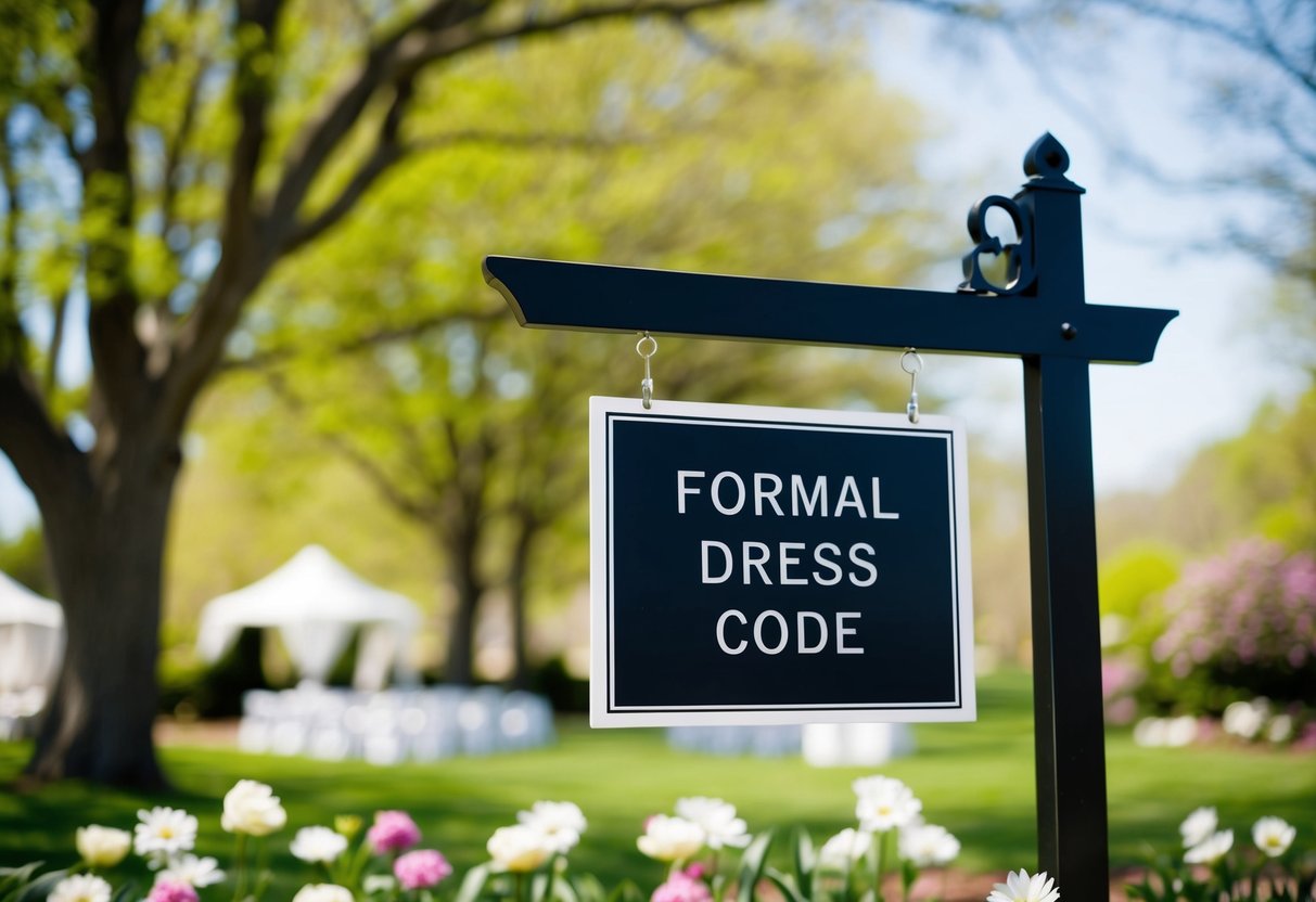 An elegant outdoor wedding venue with a sign indicating formal dress code. Surrounding trees and flowers indicate a spring or summer season