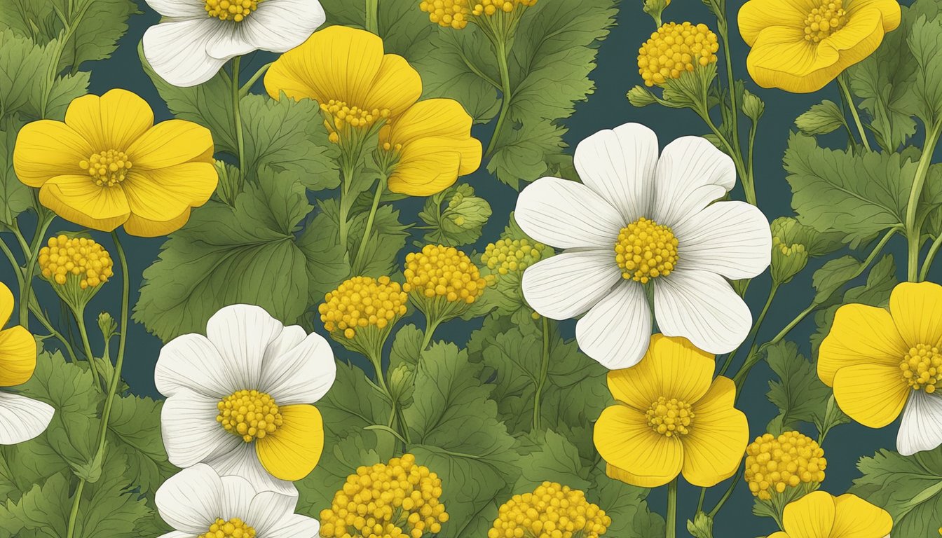 A close-up of a mustard plant with bright yellow flowers and small, round seeds clustered in the center of the plant