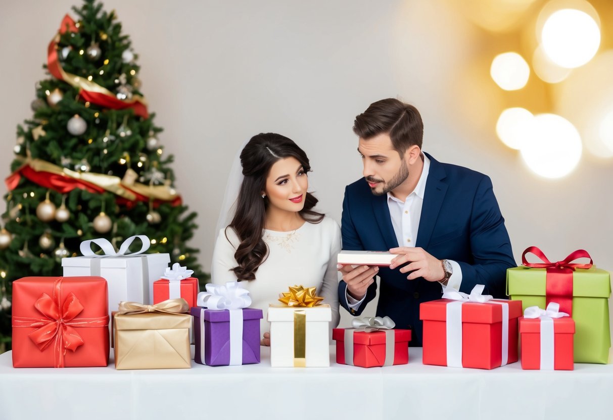 A table with various gift options, some wrapped in elegant paper, others displayed openly. A couple examines a non-registry item with a puzzled expression