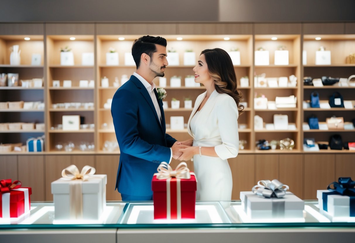 A couple stands in front of a display of non-registry items, debating whether to purchase a wedding gift. They look at each other with uncertainty