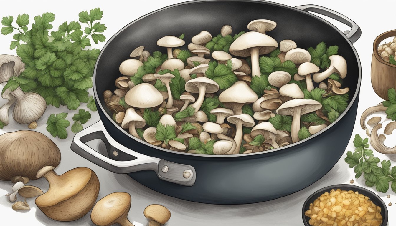 Mushrooms being cleaned and sliced, then sautéed in a pan with garlic and herbs