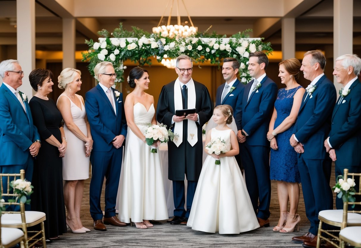 Family members, wedding party, and officiant gather in a decorated venue for the wedding rehearsal